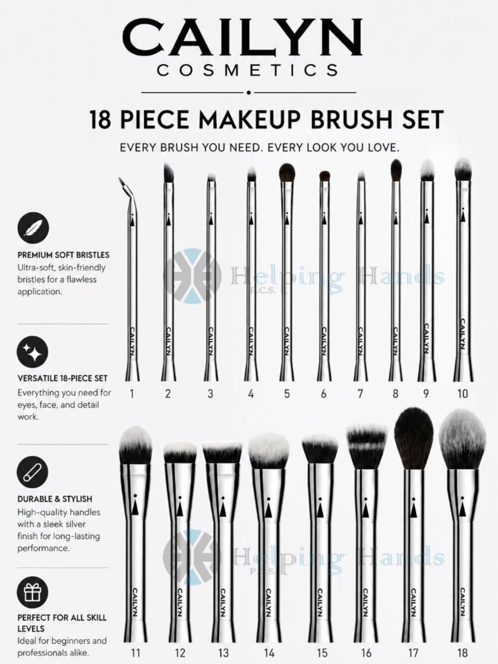Cailyn iCONE 18 Steel Professional Makeup Brush Set Precise Contour, Blending.